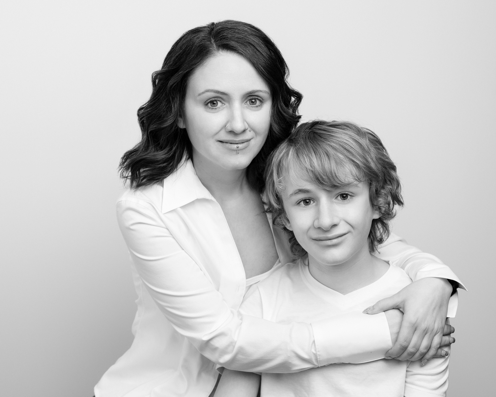 Mother and son in studio photos gorgous black and white on Sunshine Coast BC