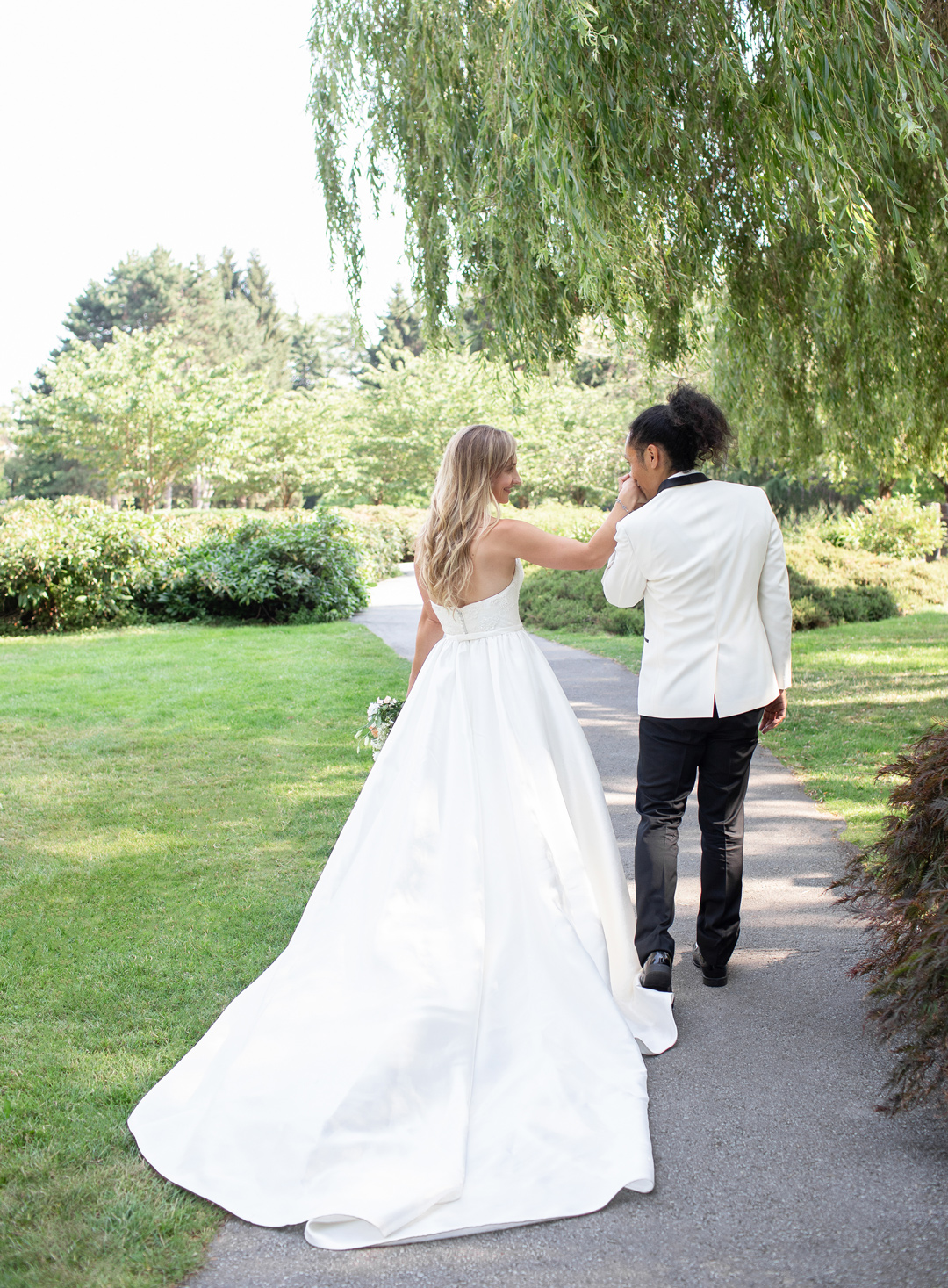 Bride and groom portrait in a park